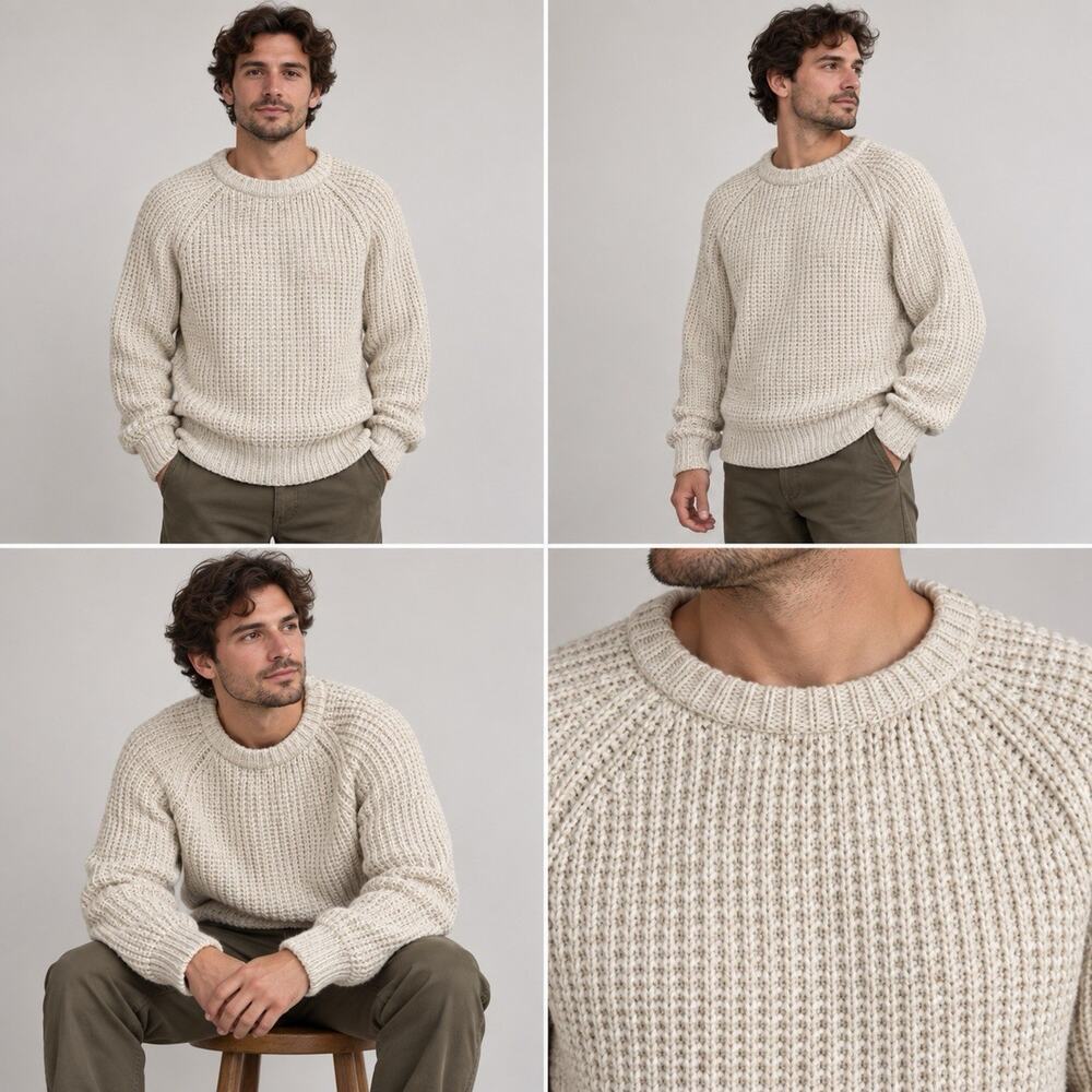 Knights of the Round Table Sweater Mens L Cream Chunky Knit Crewneck
